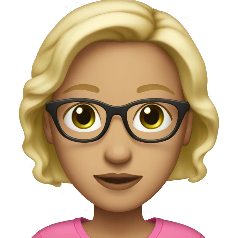 female, blonde, black rimmed glasses, green eyes, pink shirt, light skin emoji