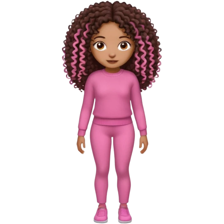 Uma menina negra da pele clara magra definida com roupa de malha rosa, com cabelo cacheados  todo castanho escuro bem grande até a cintura sem muito volume no cabelo emoji