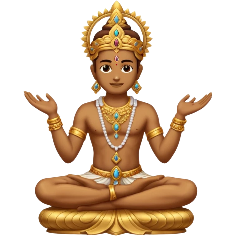 a golden statue of a Hindu deity seated in a cross legged posture with one hand in a blessing gesture, adorned with ornate jewelry�. The figure sits on a decorated pedestal, radiating a sacred and traditional aura�. emoji