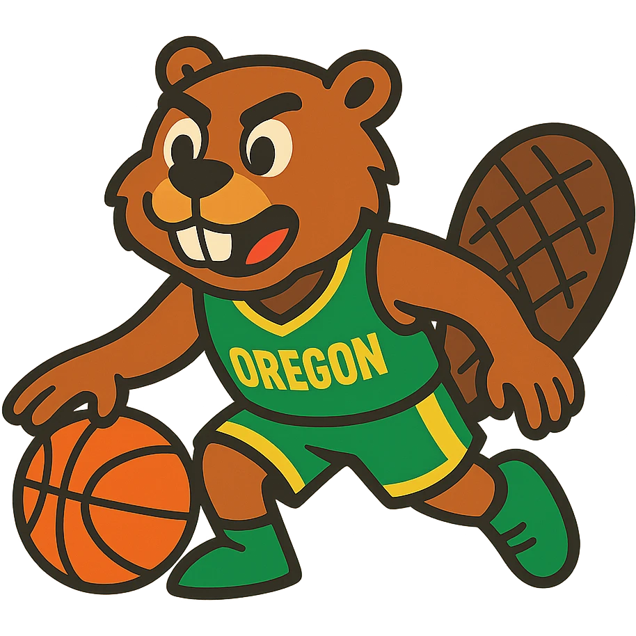 beaver mascot dribbling a basketball, Oregon team uniform green and yellow, vibrant toon style emoji