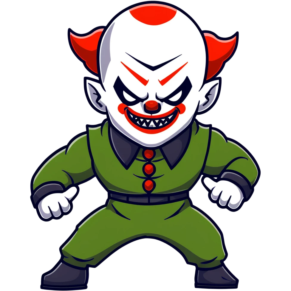 evil clown warrior, bald, very short black devil-like horns on forehead, fangs, pointed ears, black and military green leisure suit, realistically proportioned, bulky and muscular human body, full body visible, battle-ready fighting posture emoji