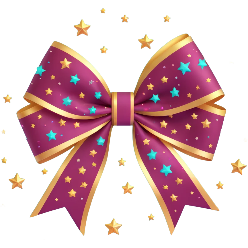 sparkly burgundy bow with gold outline and stars, holographic shimmer effect emoji