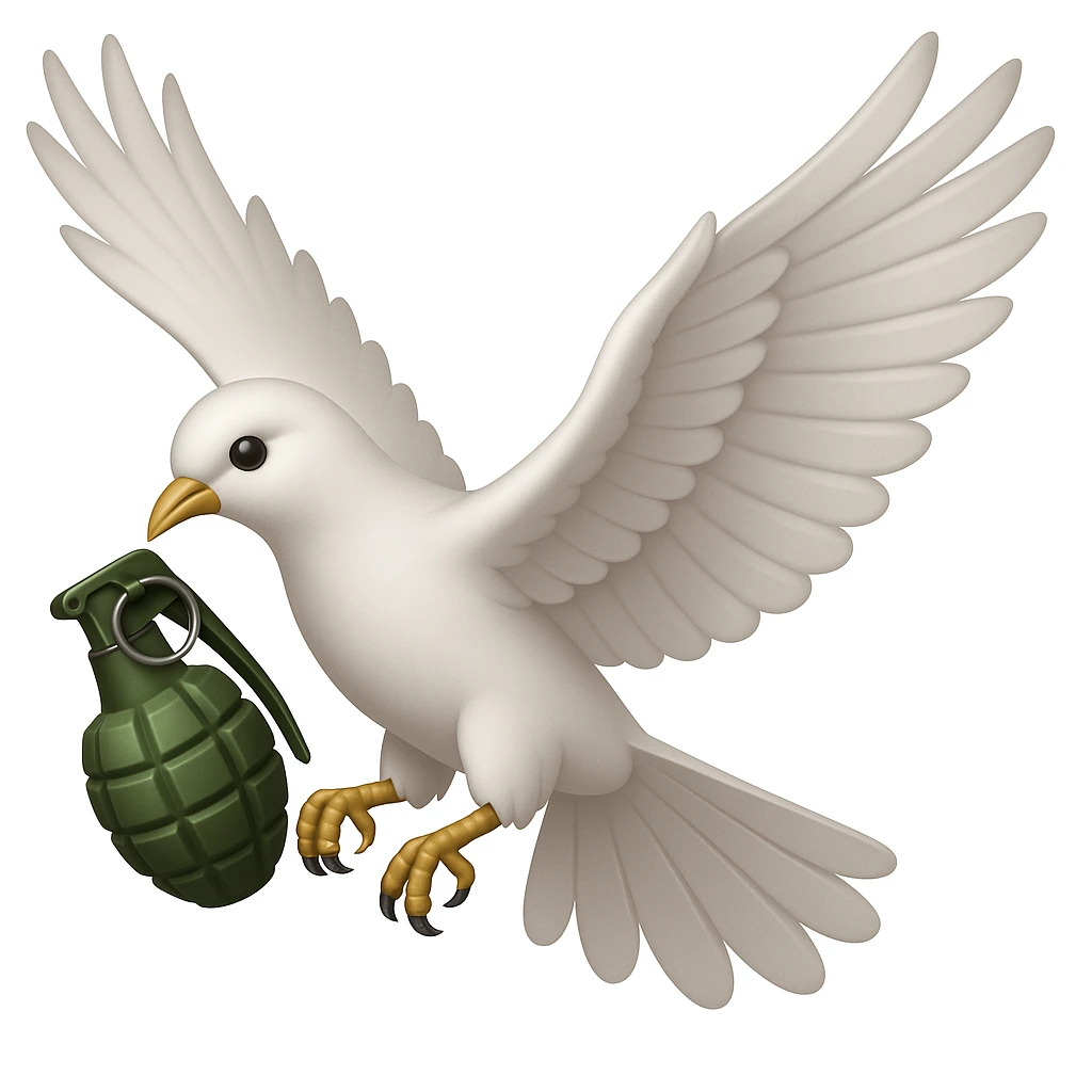 a flying dove holding a grenade in its paws, inspired by the Hollywood Undead logo, in the style of Apple emoji emoji