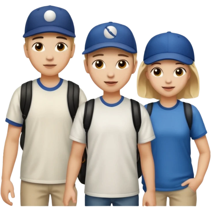 iOS emoji style. 2 adult friends and a young teenager wearing a baseball hat walking and talking.  emoji