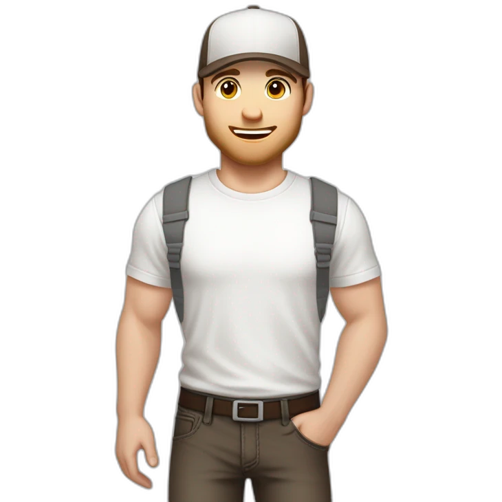 Pale skinned fit Man with dark brown hair in a light gray cap, dark brown jeans, brown polo and white T-shirt keeping a pasted with tape white box into his hands emoji