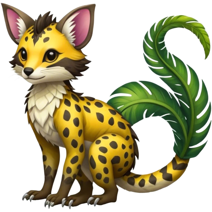 Feral Rare Fantasy vibrant tropical Vernid-Trico-jungle-animal-species-hybrid by LiLaiRa, random markings, tufted tail, tufted ears, full body emoji
