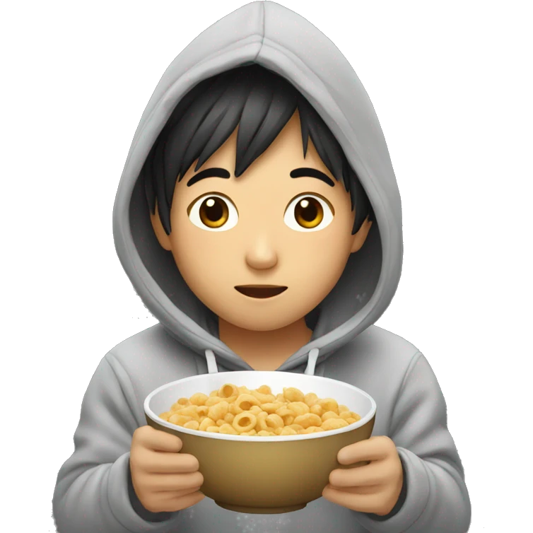 Asian boy in hoodie eating cereal emoji