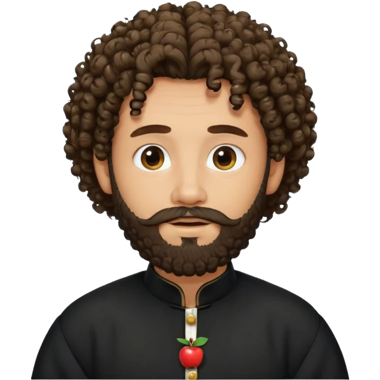 emoji-style portrait of a bearded man with curly hair, wearing a black traditional outfit, friendly and expressive face, round features, simple bold look, apple style emoji
