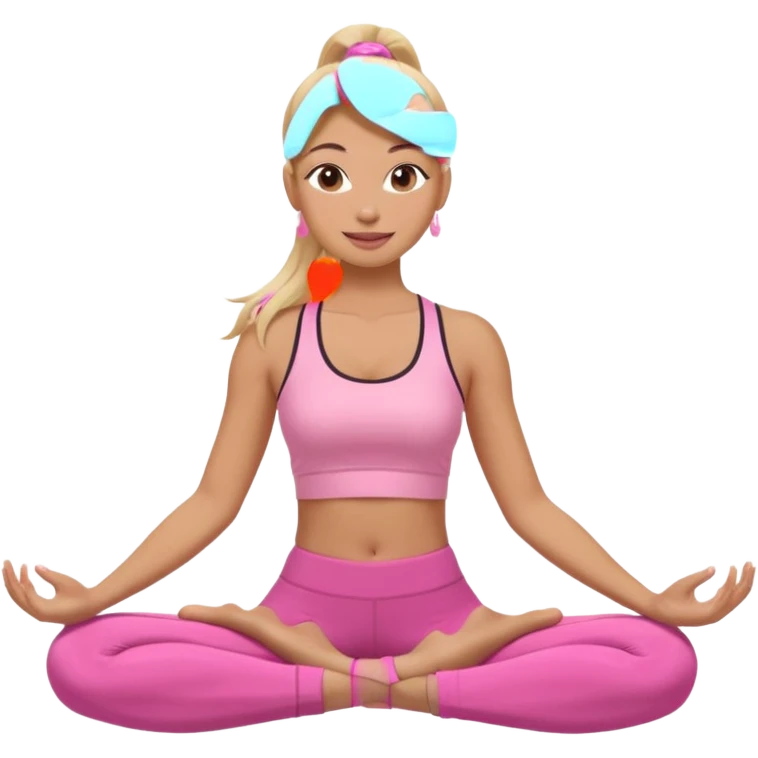 Mujer color de piel moreno claro con cabello rubio suelto y lacio y largo, que tenga gloss en los labios y se vea usando Blush rosita, usando un top rosa deportivo y leggins deportivo rosa en una pose de yoga sentada, viendo hacia enfrente con ojos negros y sonriendo sin mostrar los dientes emoji