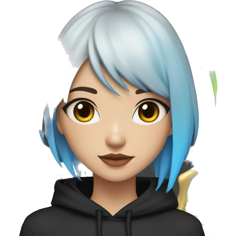 Lady with brunette and iridescent blue hair, gold, lime green dragon wings, black hoodie, bleach dyed, black and gold Nike t shirt, and bright red eyes emoji