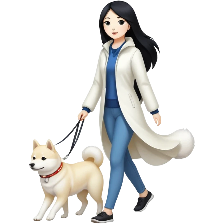 A woman with long black hair walks a white Shiba Inu emoji