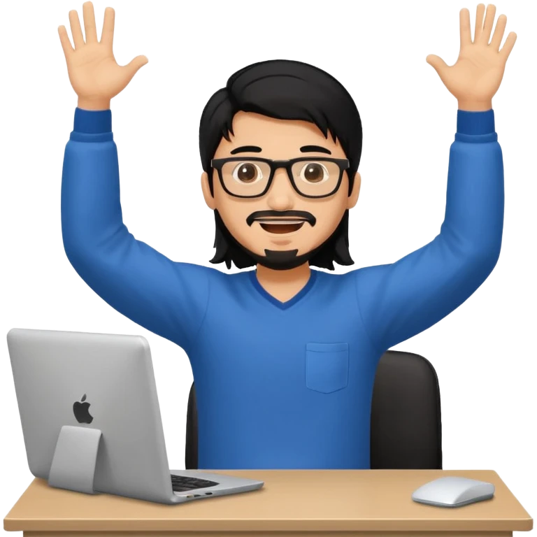a young man with long black hair, with goatee, wearing glasses sitting with a computer, his arms up,cheering emoji