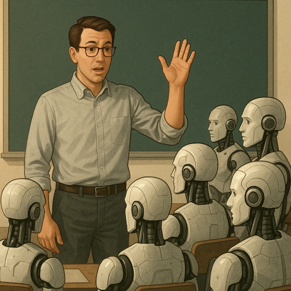 A human teacher standing in front of a classroom of androids, raising a hand to explain a concept emoji
