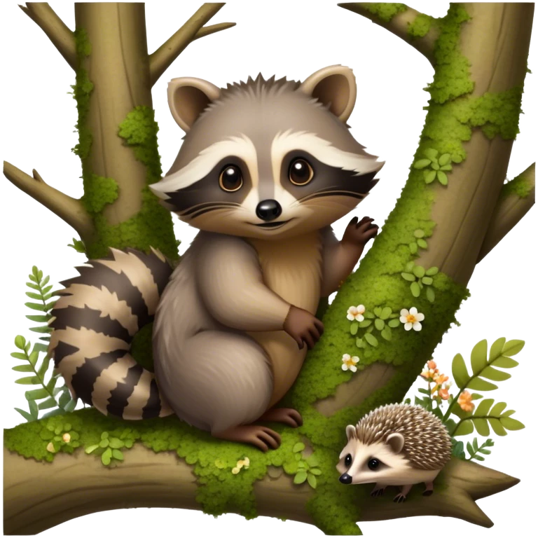 Collage of an exotic raccoon and a hedgehog, both curiously exploring a forest setting with moss and small flowers. The raccoon is perched on a tree branch, and the hedgehog is nestled in the underbrush. Vibrant nature backdrop. Transparent background. emoji