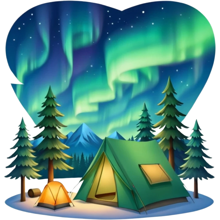 northern lights over pine forest with camping tent emoji