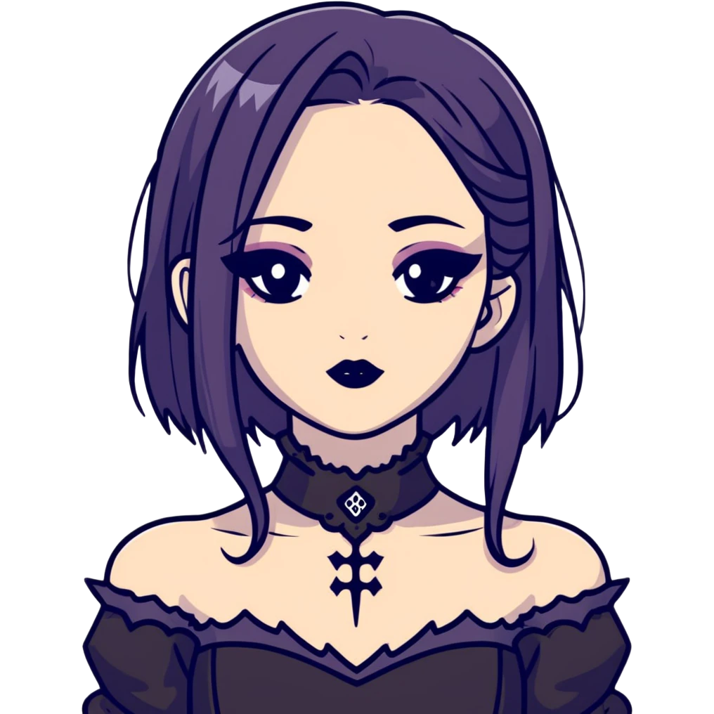 gothic girl with wide shoulders, small chest, dark makeup, black clothing emoji