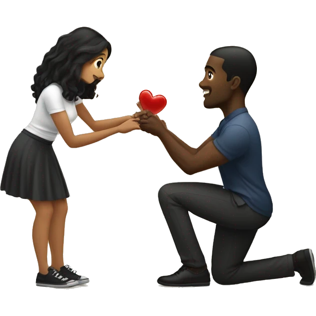 Black guy proposing on one knee with a ring to a standing light brown girl with long black hair emoji