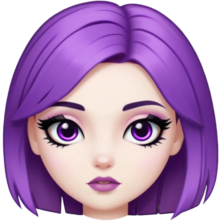 purple hair, pale skin, dark black eyes, pretty bratz baddie, black eyeliner, blush emoji