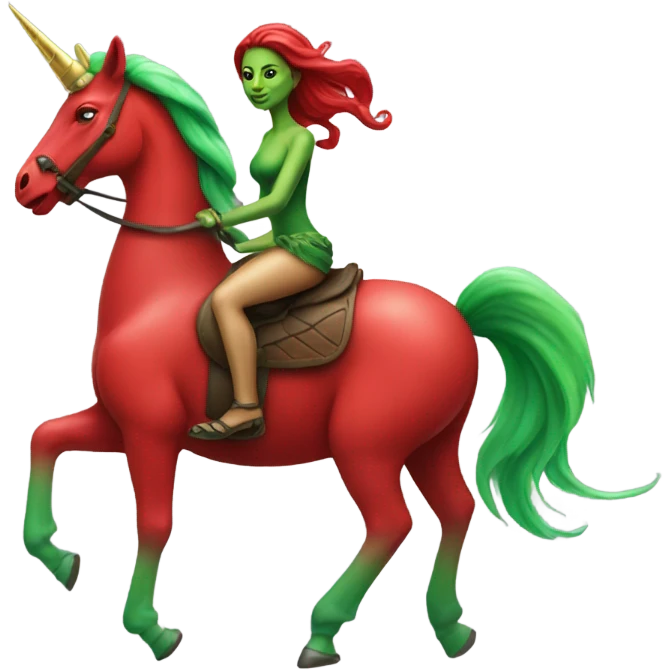 a green amazon alien woman, on a four-legged red unicorn emoji
