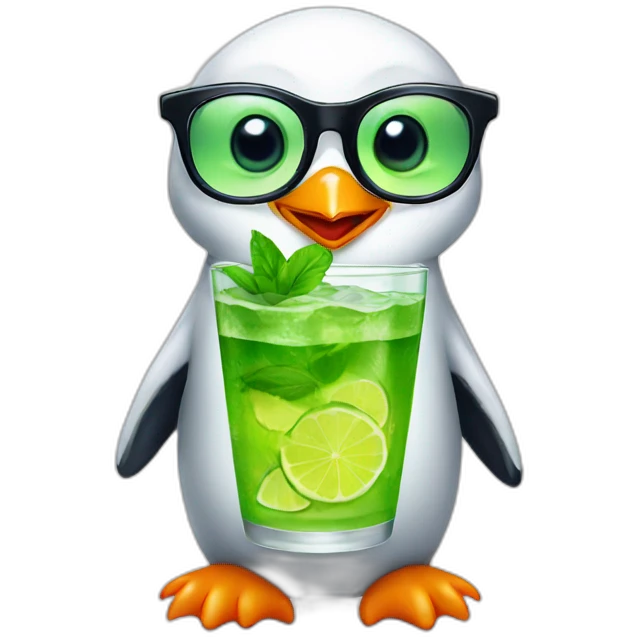 baby penguin with big glasses drinking mojito emoji