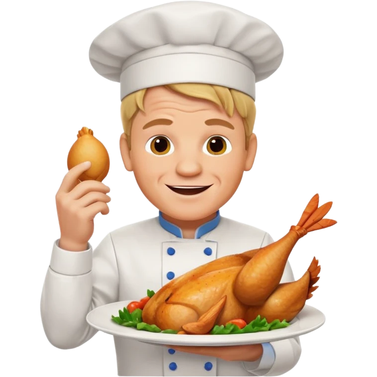Gordon Ramsay cheerful, showing off a perfectly cooked chicken on a plate, chef uniform emoji