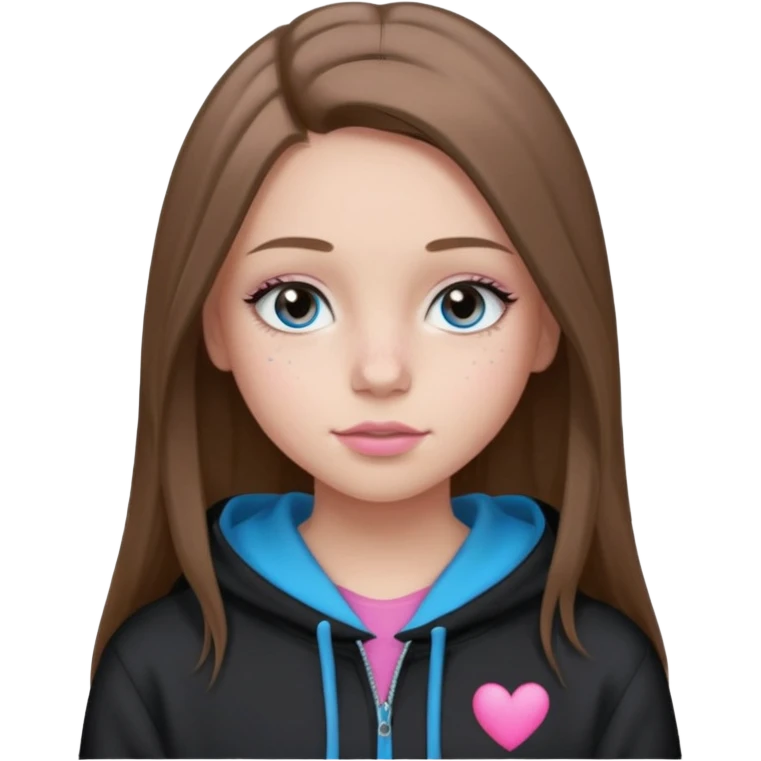 Create a TEENAGE girl with LONG and straight light brunette hair with a middle part, light skin, light freckles, and blue-gray eyes. She will have pink lips and LONG eyelashes. She will be wearing a black hoodie emoji