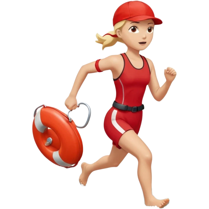 Female lifeguard – red cap, running along shore with rescue buoy emoji