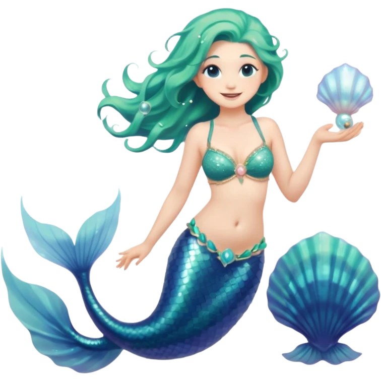 Full body of a mermaid with long flowing sea-green hair, shimmering blue-scaled tail, shell bra, holding a pearl in one hand, smiling softly, front-facing, surrounded by glowing sea particles, fantasy style emoji