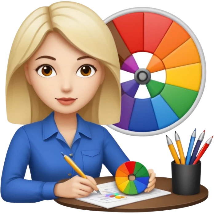female graphic designer , color wheel, pens, papers emoji