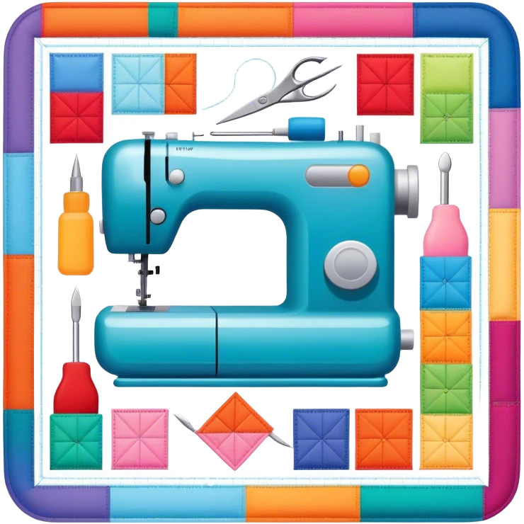 Patchwork and quilting icon, colorful fabric patches sewn together in a quilt pattern, sewing needle and thread, quilting tools like rotary cutter and quilting hoop, minimalistic style, clean lines, transparent background. emoji