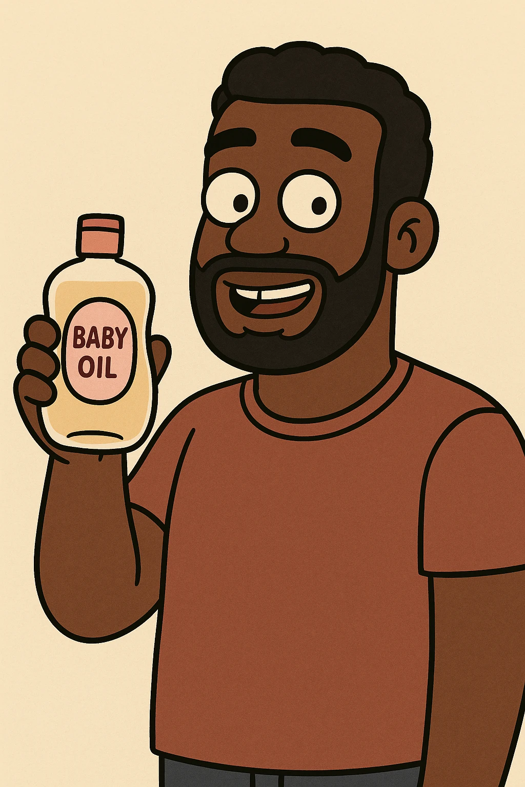 A Black man holding a bottle of baby oil, cartoon style, friendly expression, simple background emoji