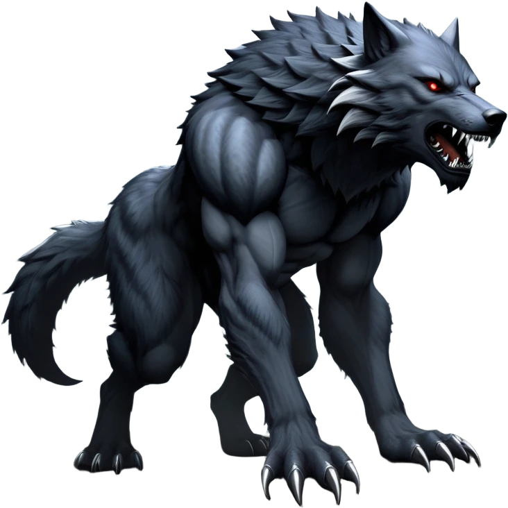 cinematic-noble-fierce-werewolf-full body on all fours-emoji, poised-and-imposing, with a tall, lean, and muscular wolfish frame inspired by the brutal, imposing shape of the beast from Berserk, fur rippling in shades of midnight black and silver, massive paws with razor-sharp claws, elongated limbs and fangs, eyes glowing with an intense, primal ferocity, reflecting the untamed power of the wild moonlit night; rendered with realism like a wolf hunched over battle ready pose ready to attack emoji