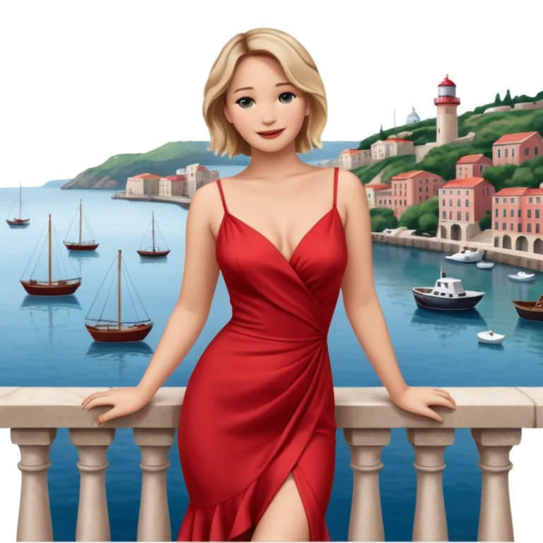 jennifer lawrence, closeup portrait , leaning on a balcony with a harbor and cityscape in the background, smiling, red dress  emoji
