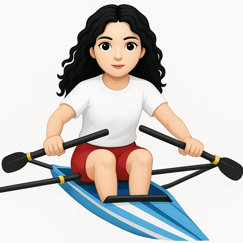 Kızın tenini daha beyaz yap, siyah uzun dalgalı saçlı, kırmızı şort ve beyaz kısa kollu tişörtle olimpik kürek sporu yapıyor emoji
