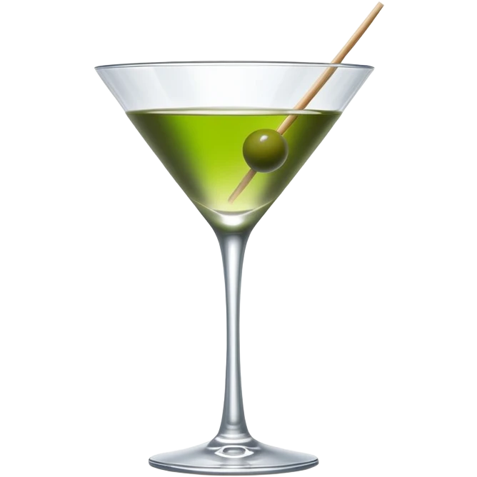 martini glass with absolutely clear water-like liquid, no color tint whatsoever, completely transparent, with a single green olive at the bottom on a wooden toothpick emoji