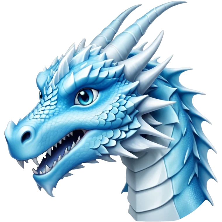 Cinematic Noble elegant Ice Dragon Portrait Emoji, Poised and imposing, distinct long elegant snout, with a slender, scaled body shimmering in glacial hues of icy blue, frostbitten silver, and crystalline white, breathing out frost, with piercing, glowing ice blue white eyes that radiate the chilling depths of an arctic storm; rendered in detail. emoji