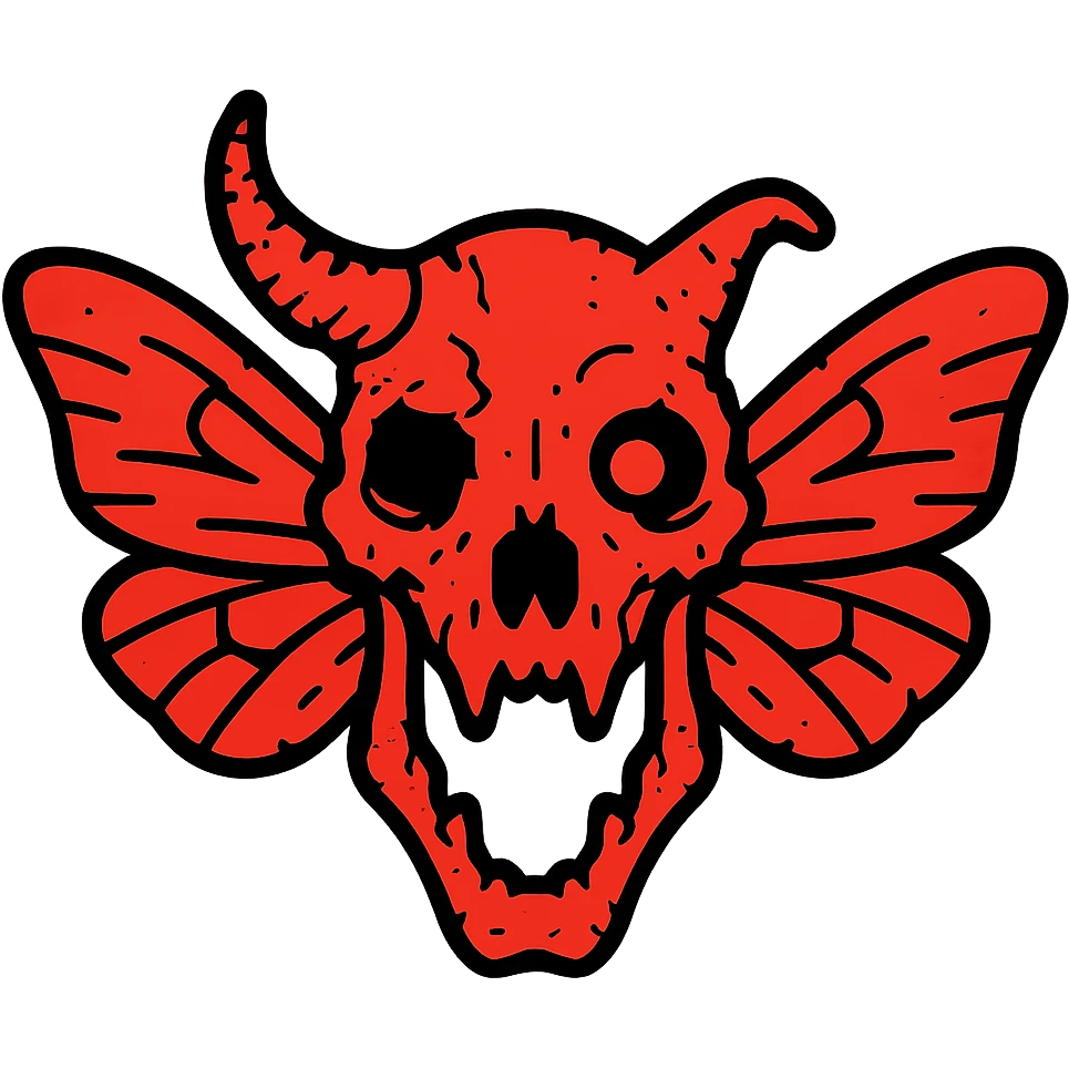 highly detailed red horror icon of distorted minotaur-stoat skull with broken horn and glowing eye, with moth wings, featuring very hollow transparent middle section with most details around the perimeter, weathered edges with missing sections, detailed bone textures around outer parts only, 100% red with distorted features emoji