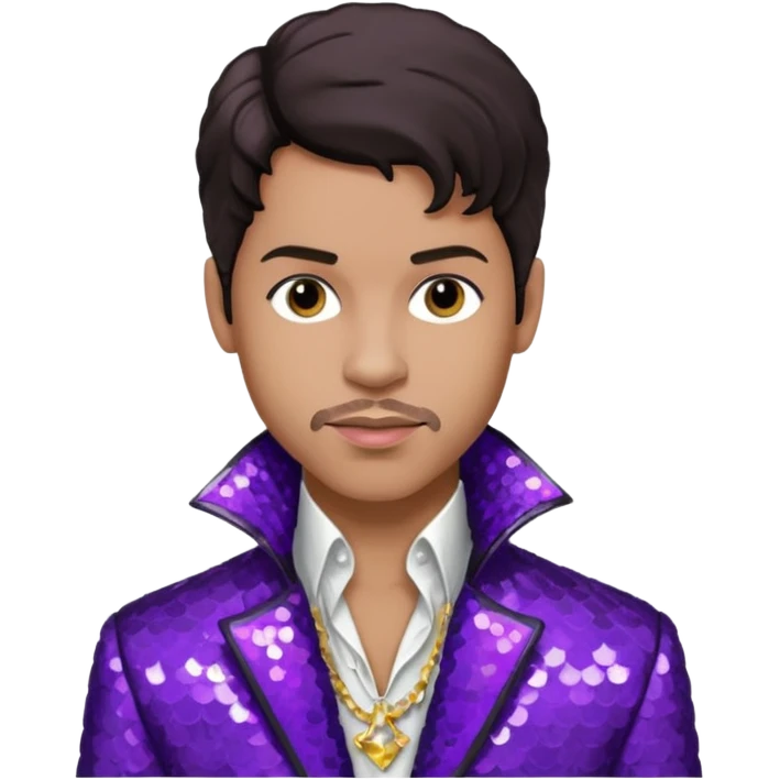 Prince Rogers Nelson with dark brown hair, purple sequin jacket, white shirt emoji