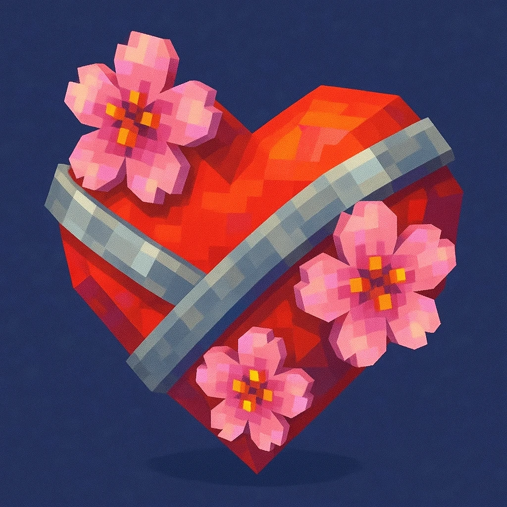heart with sakura flowers and silver accents, low poly 3D style emoji