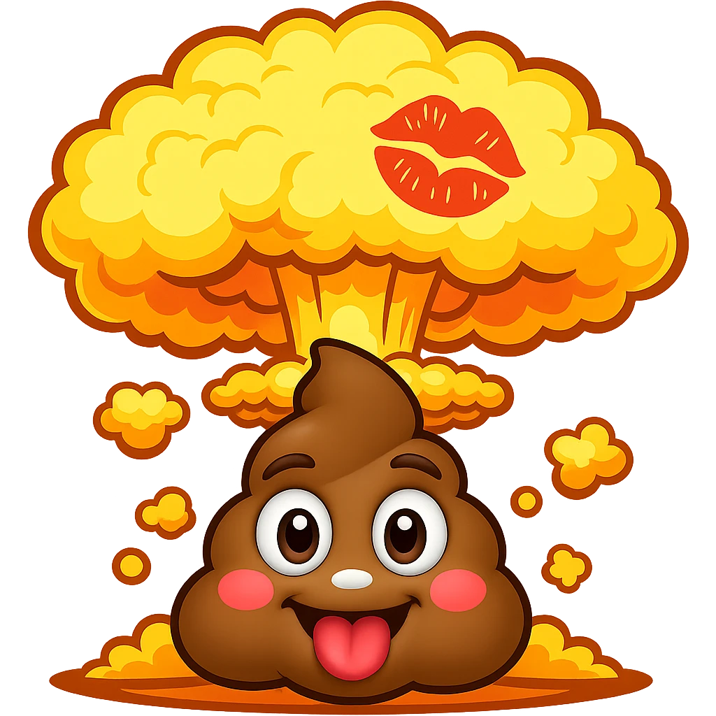 Add a big, cheerful poop nuke explosion behind the poop with a kiss mark, keeping it funny and lighthearted, no background. emoji
