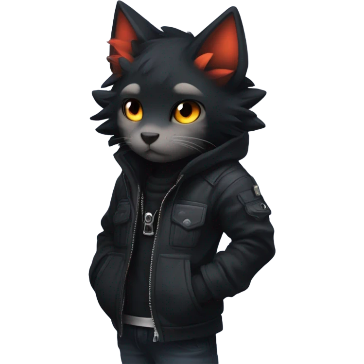 Edgy Shy Anthro Ninja boyish cool pretty dark black Litten-Pokémon-cat-fursona-animal techwear-in love emoji