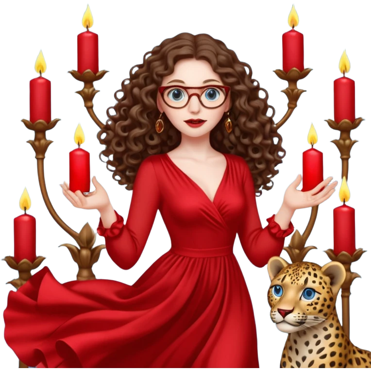 a blue eyed woman with very long brunette curly hair, full lips,and really pale skin. She is wearing a leopard printed thin round-ish glasses . She is wearing fully plain silky red dress. She is flying on the air. There are candles and sculptures and red roses all around her. She is making a magic. emoji