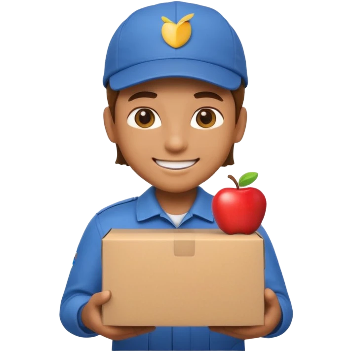 3D Apple-style emoji of a delivery worker holding a cardboard package. Wearing a cap and uniform shirt, smiling expression. Rounded, glossy, smooth, soft shadows, white background.




 emoji