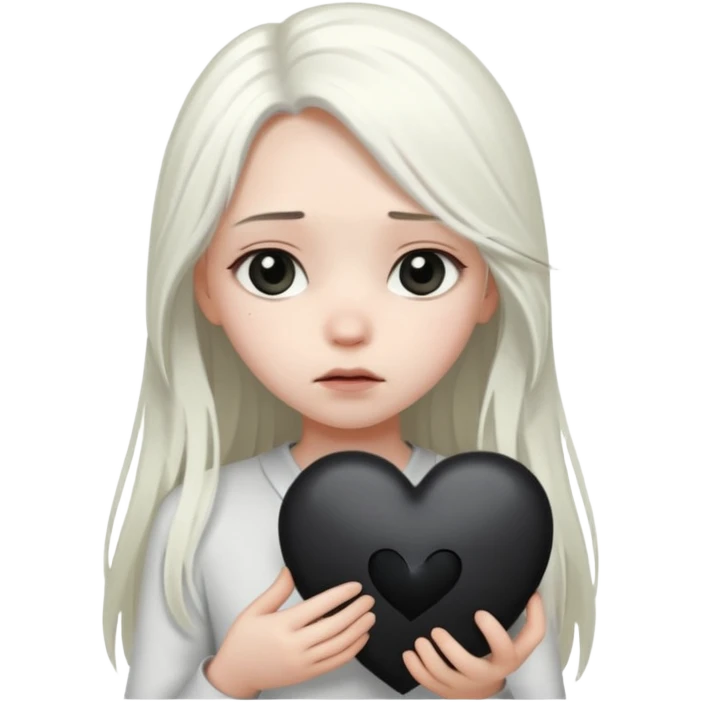 A girl with long white hair is sad and holds a black heart in her hands emoji