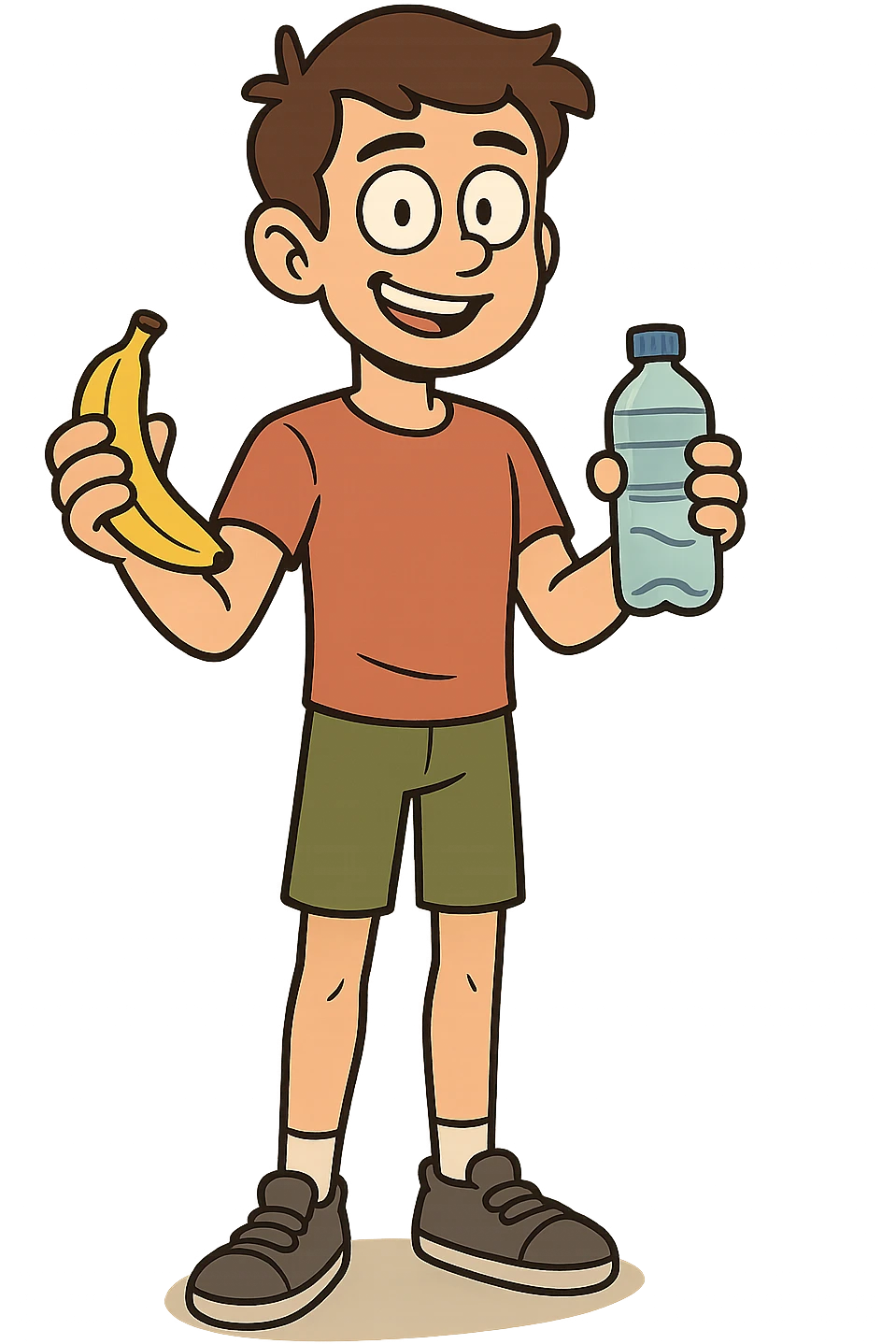 The full body of a young boy who is fit and healthy holding a banana and a drinking bottle of water emoji