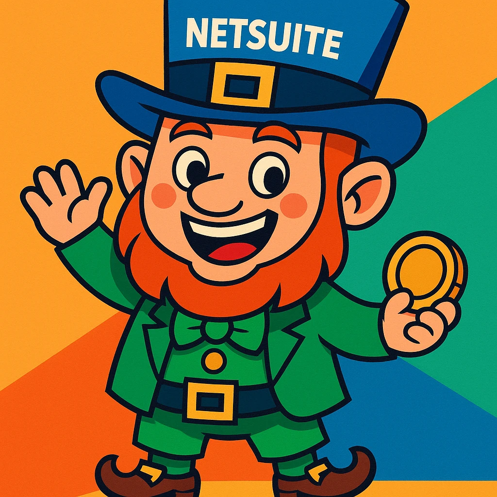 cartoon leprechaun with a blue hat labeled 'NetSuite', cheerful and colorful emoji