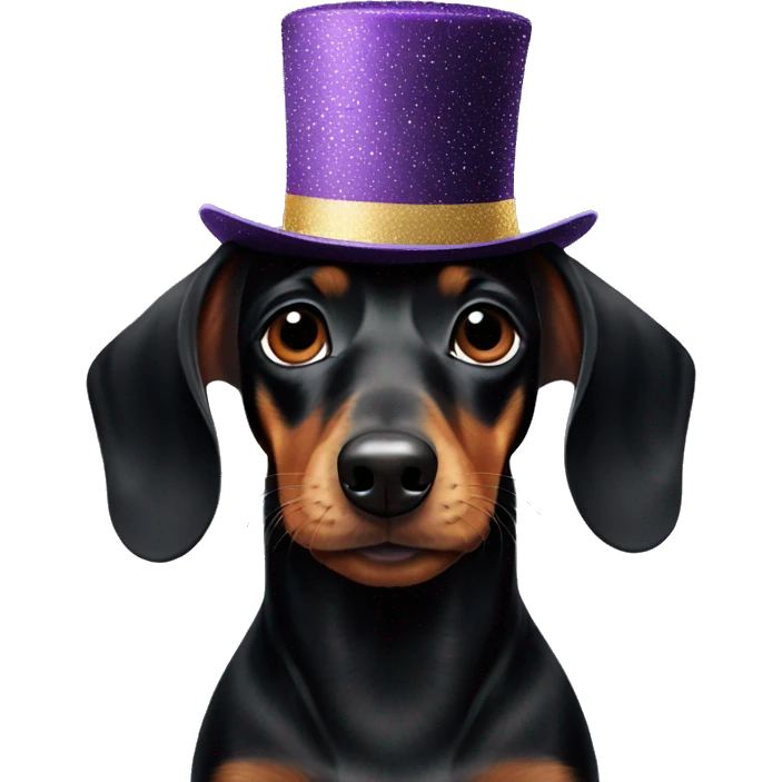 A black dachshund in a New Year's hat emoji