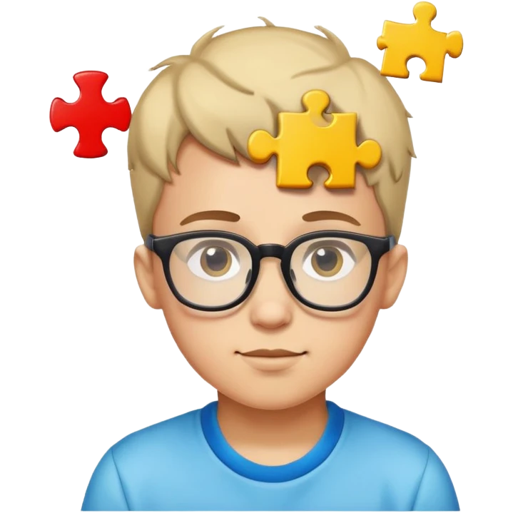 genius boy with glasses and a puzzle piece symbol above his head emoji