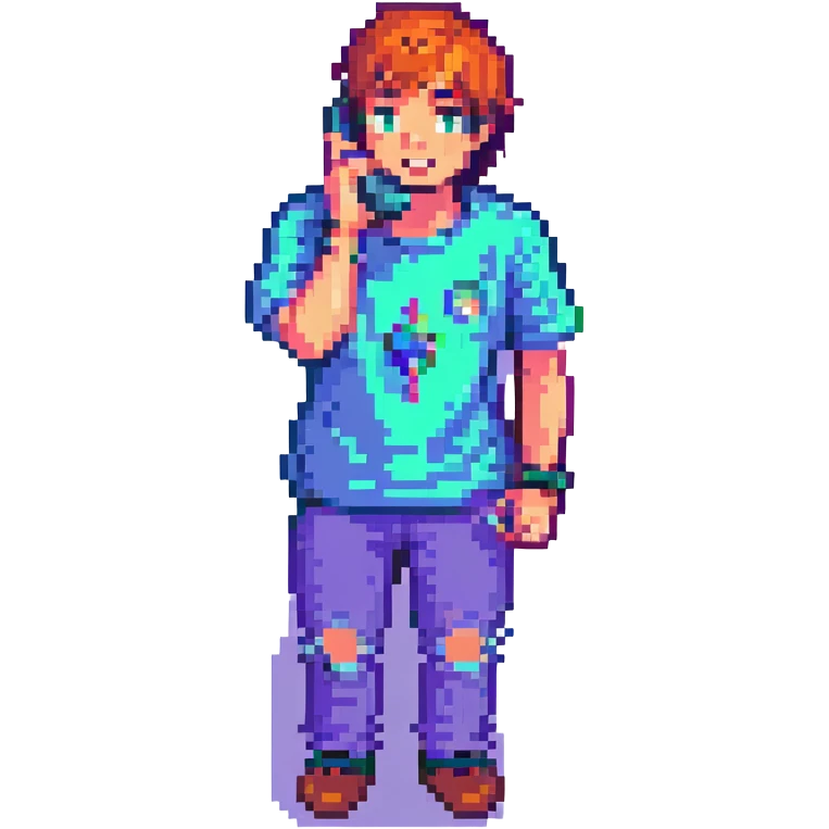 MrBeast in pixel art, talking on a phone, energetic pose emoji
