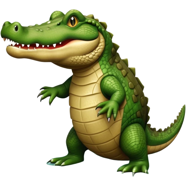 cinematic-crocodile-realistic-full-body-on all fours-emoji,-massive-scaled-body-partially-submerged-in-shallow-water,-head-tilted-dramatically,-rough-green-and-brown-hide-textured-with-deep-ridges,-simplified-yet-realistic-focused-features, head held high emoji